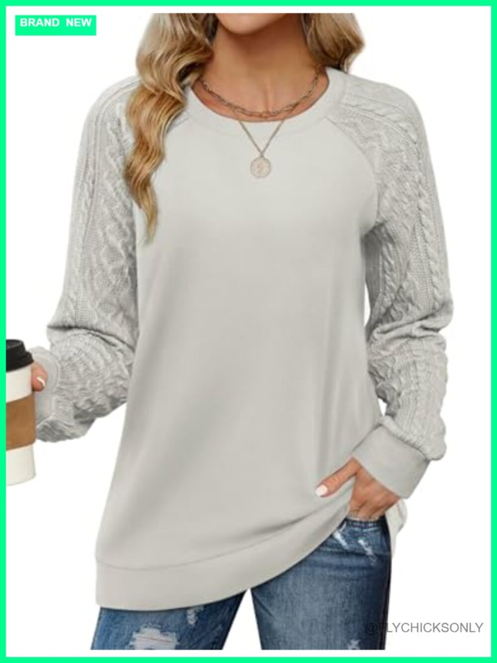 Saloogoe Lightweight Crewneck Cable Knit Sleeve Sweatshirt Loose Fit Tunic Top